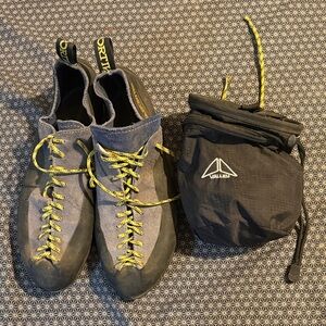 La Sportiva Gray and Yellow climbing Shoes with chalk bag combo